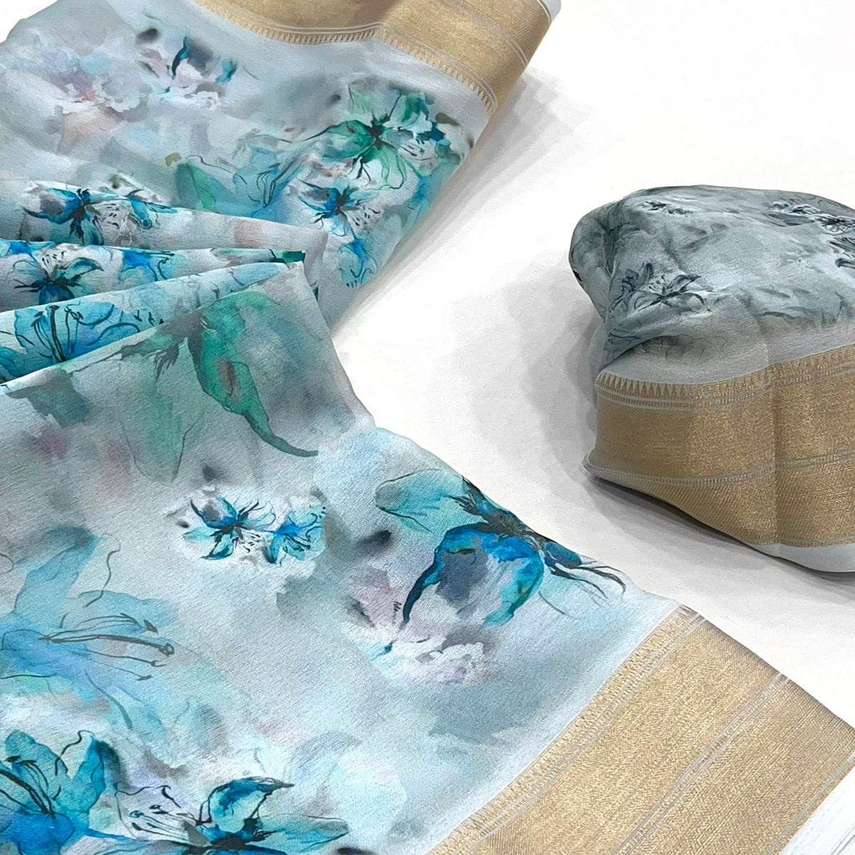 Blue Floral Digital Printed Georgette Saree With Zari Border