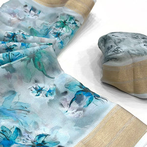 Blue Floral Digital Printed Georgette Saree With Zari Border