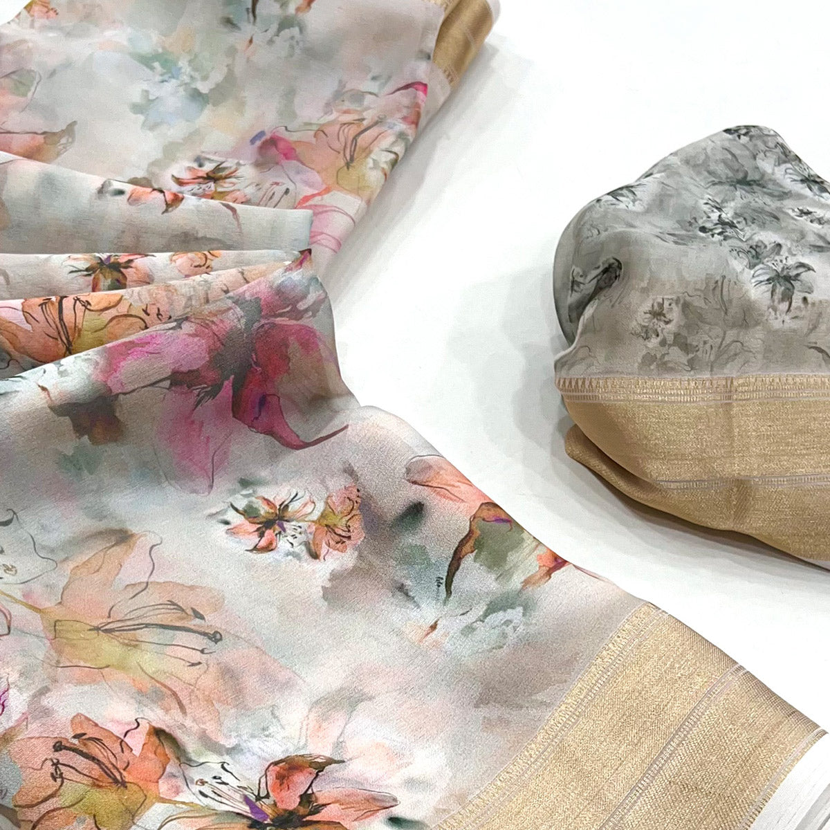 Grey Floral Digital Printed Georgette Saree With Zari Border