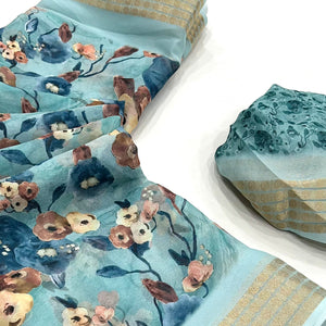 Blue Floral Digital Printed Georgette Saree With Zari Border