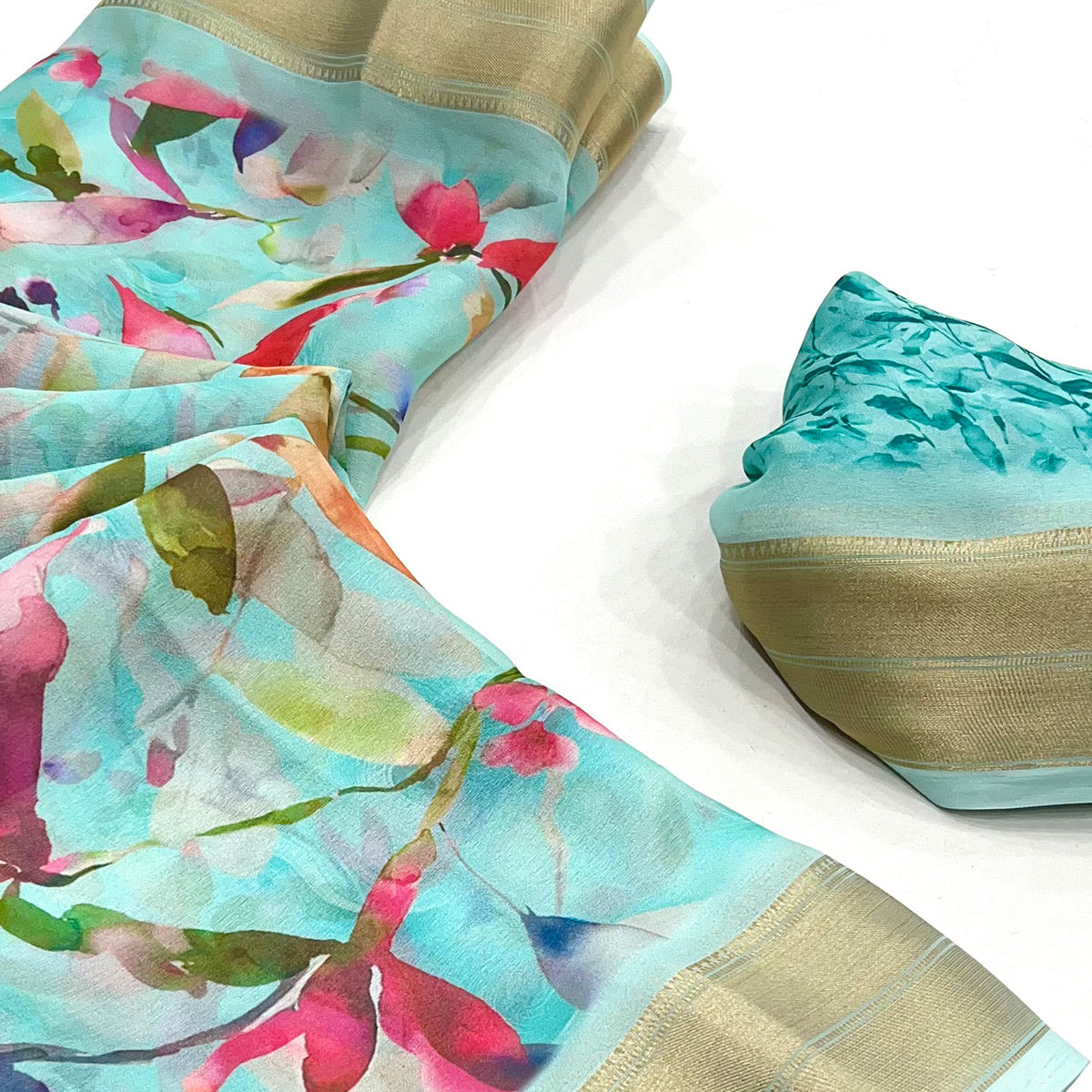 Blue Floral Digital Printed Georgette Saree With Zari Border