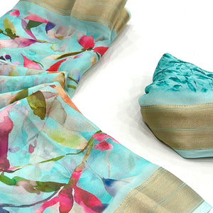 Blue Floral Digital Printed Georgette Saree With Zari Border