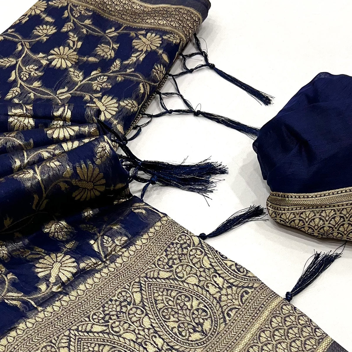 Blue Floral Woven Cotton Blend Saree With Tassels
