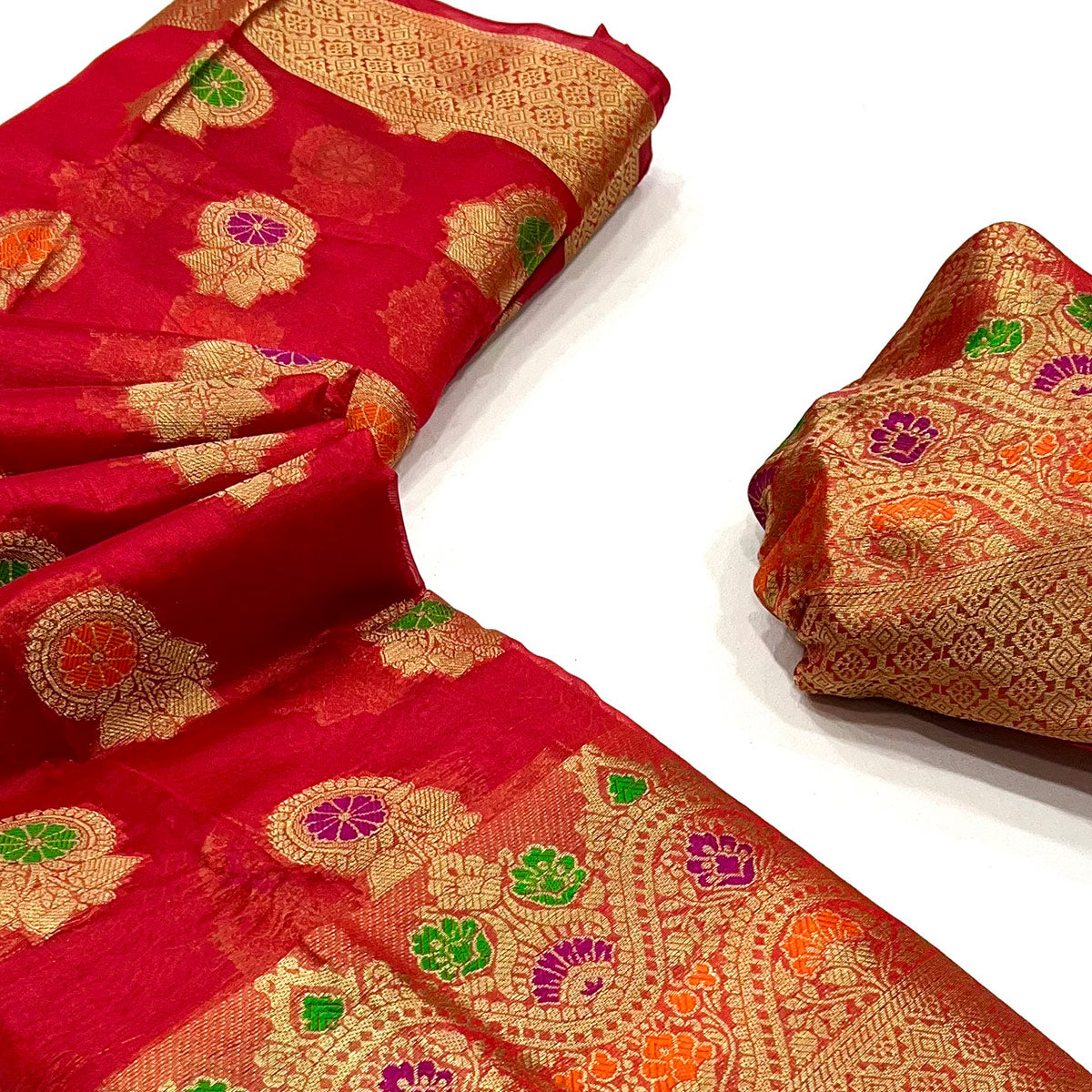 Red Floral Woven Organza Saree