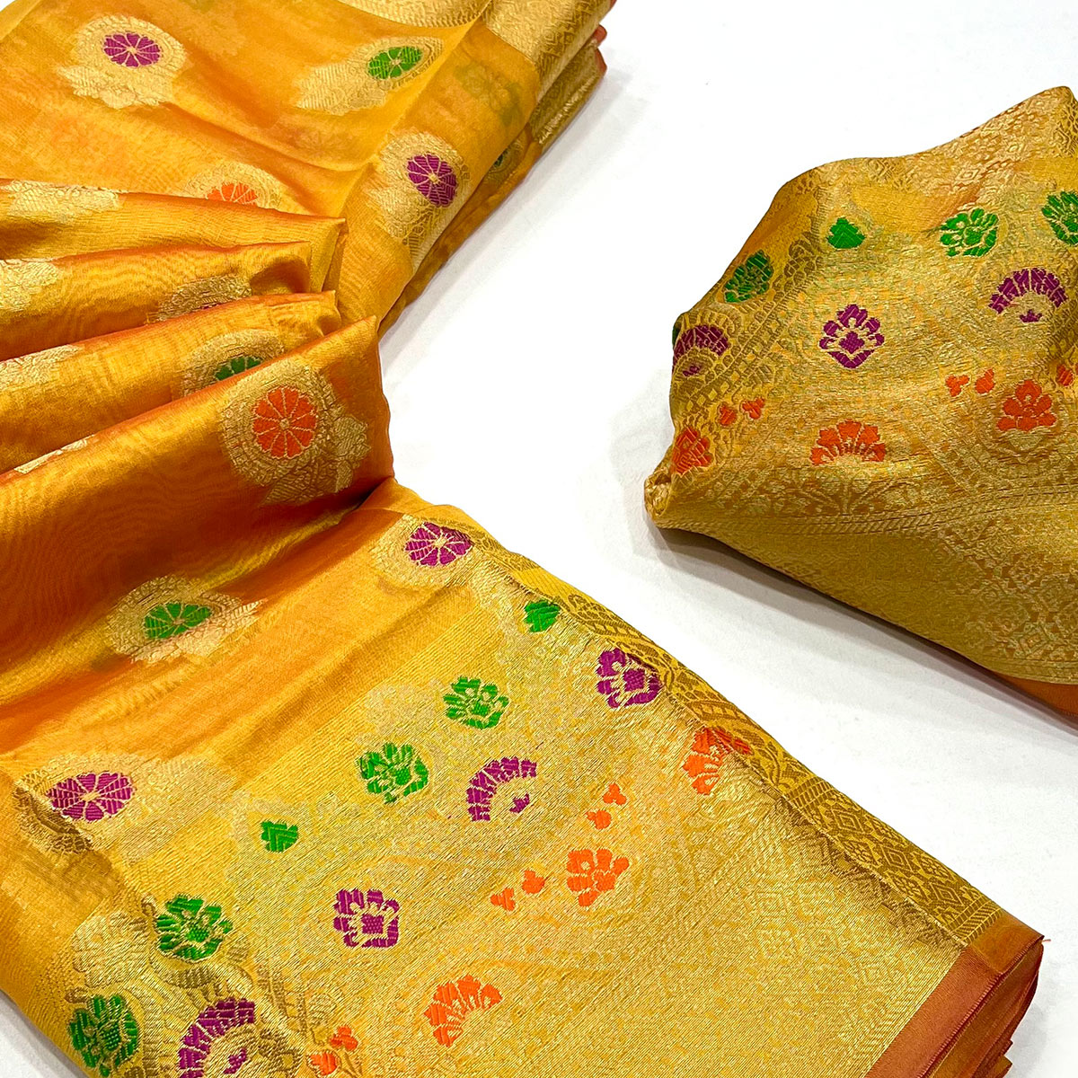 Mustard Floral Woven Organza Saree