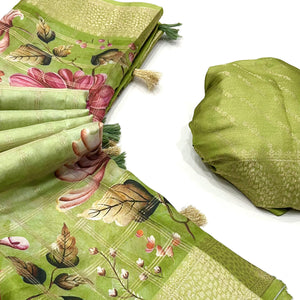 Green Woven With Floral Digital Printed Fancy Fabric Saree