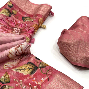 Peach Woven With Floral Digital Printed Fancy Fabric Saree