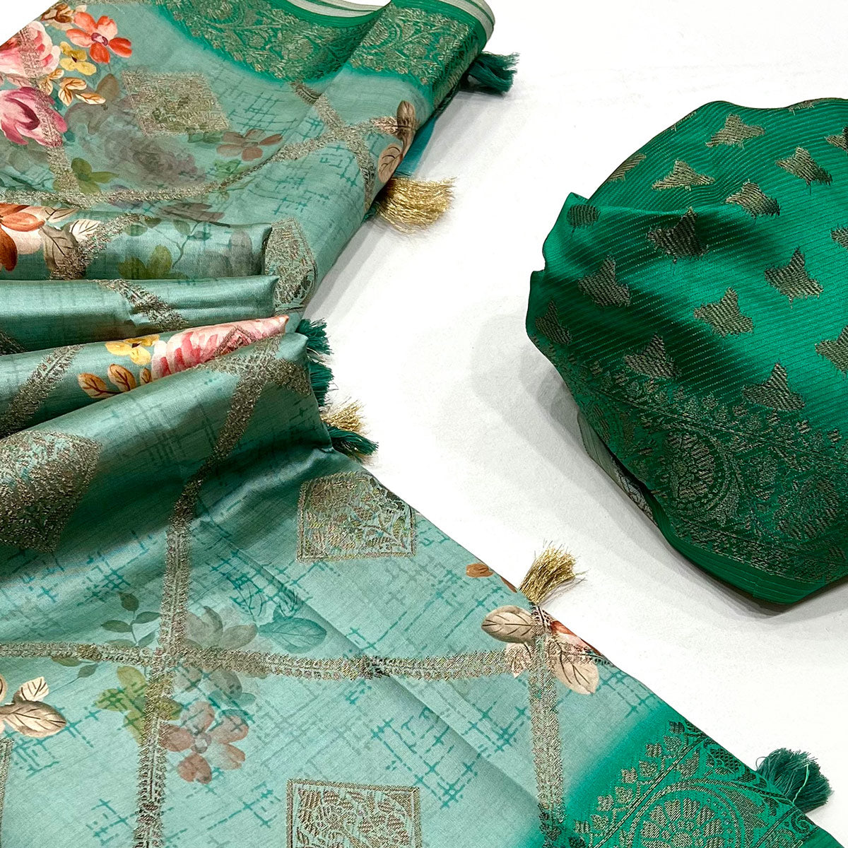 Sea Green Woven With Floral Digital Printed Raw Silk Saree