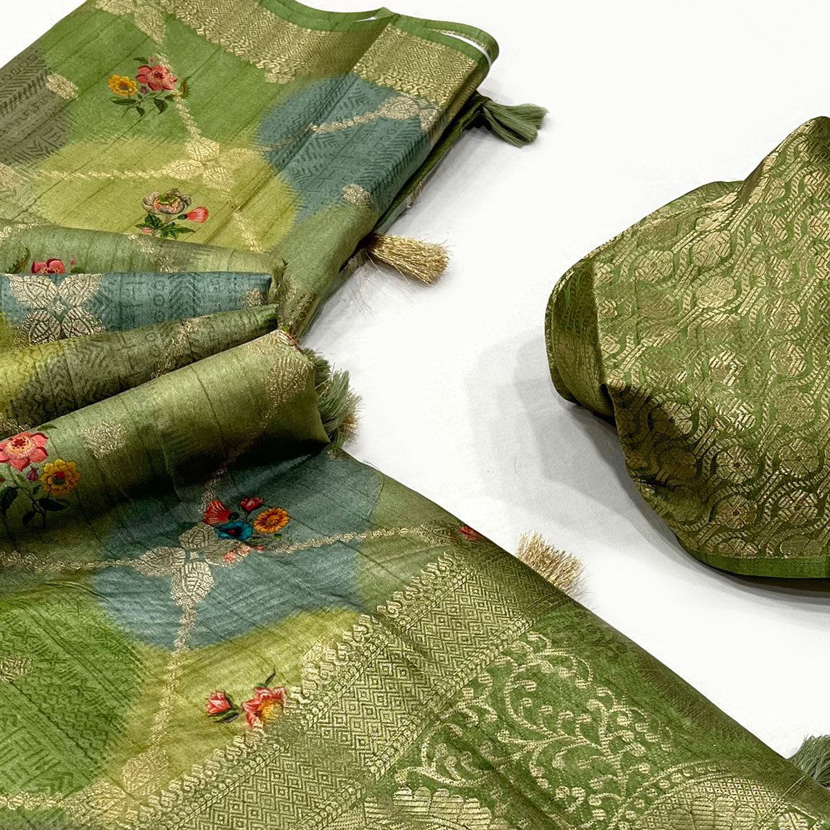 Green Woven With Floral Digital Printed Raw Silk Saree
