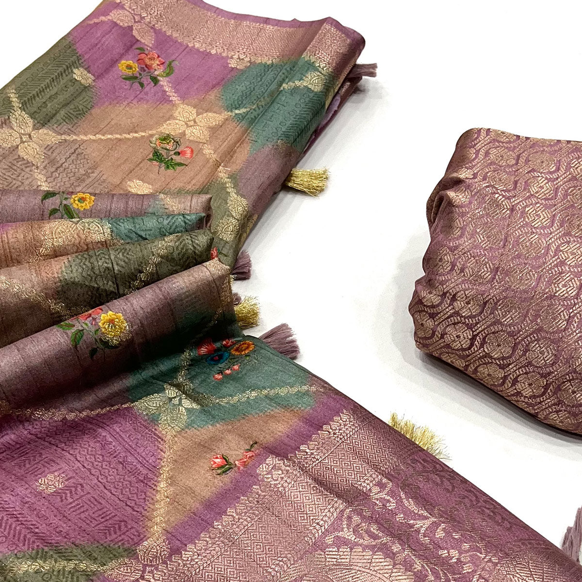 Purple Woven With Floral Digital Printed Raw Silk Saree