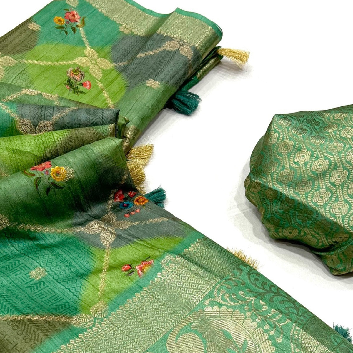 Rama Green Woven With Floral Digital Printed Raw Silk Saree