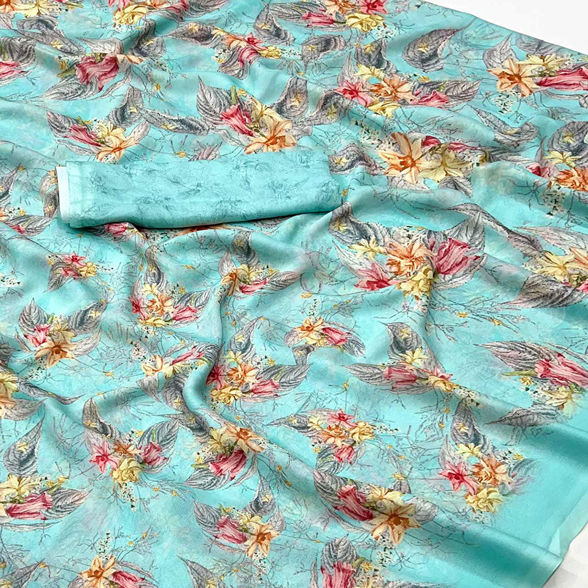 Blue Floral Digital Printed Georgette Saree