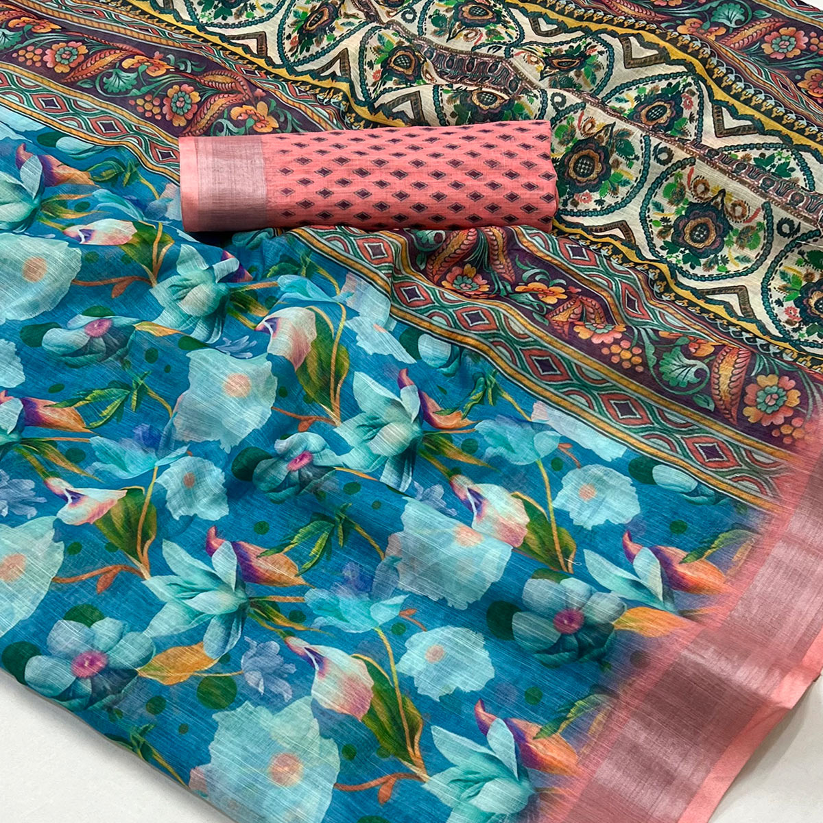Blue Floral Digital Printed Linen Saree With Zari Border