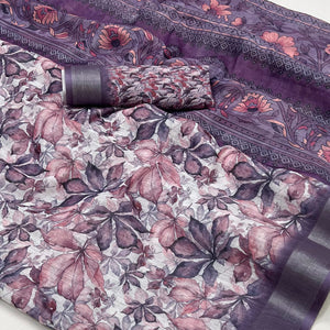 Purple Floral Digital Printed Linen Saree With Zari Border