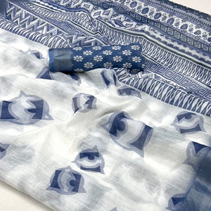 White & Blue Digital Printed Linen Saree With Zari Border