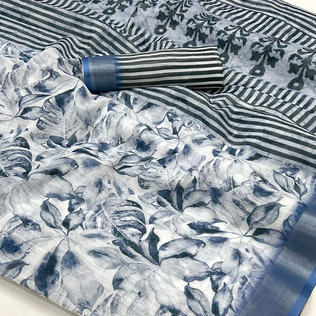 White & Blue Floral Digital Printed Linen Saree With Zari Border