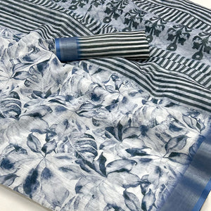 White & Blue Floral Digital Printed Linen Saree With Zari Border
