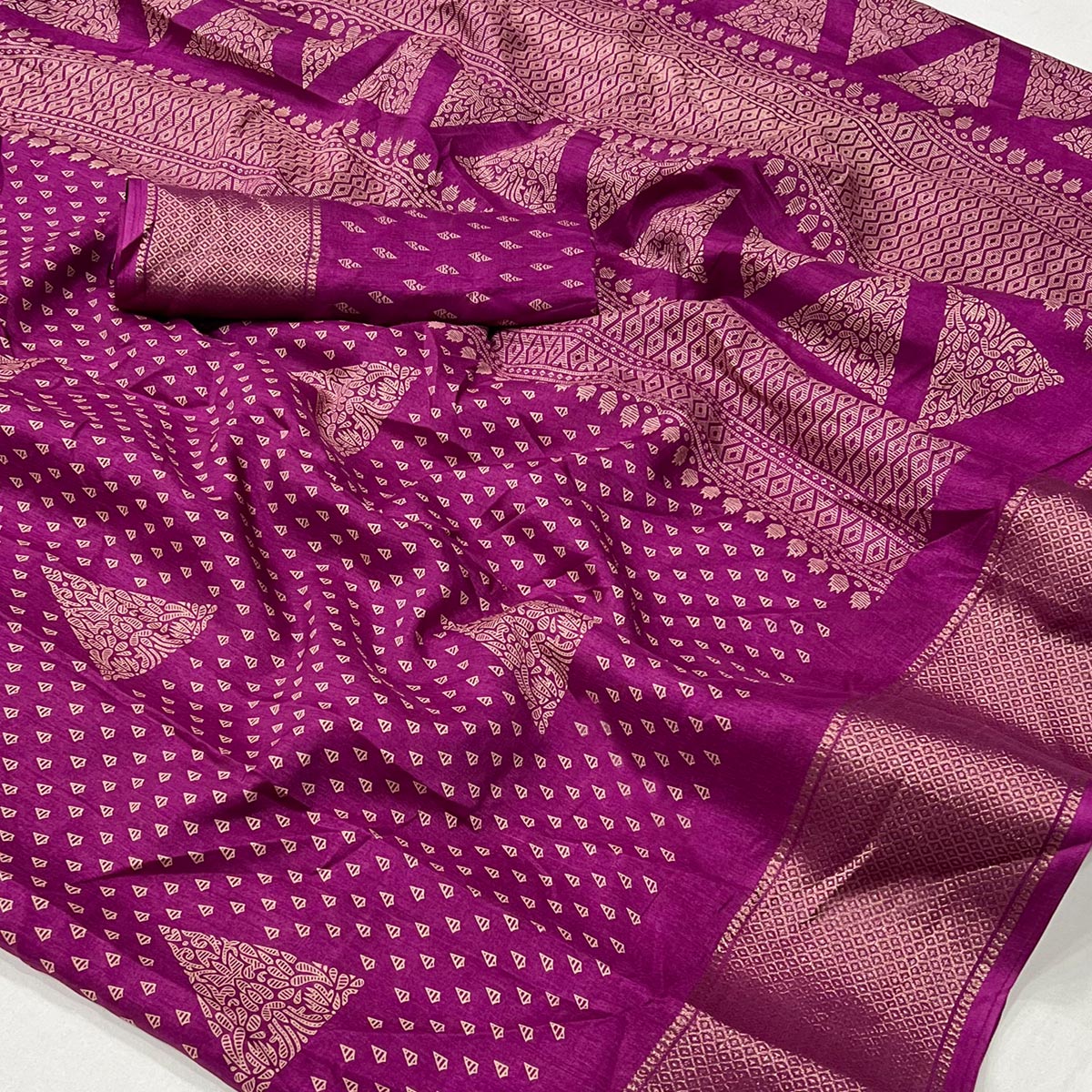 Purple Geometric Printed Dola Silk Saree With Zari Border