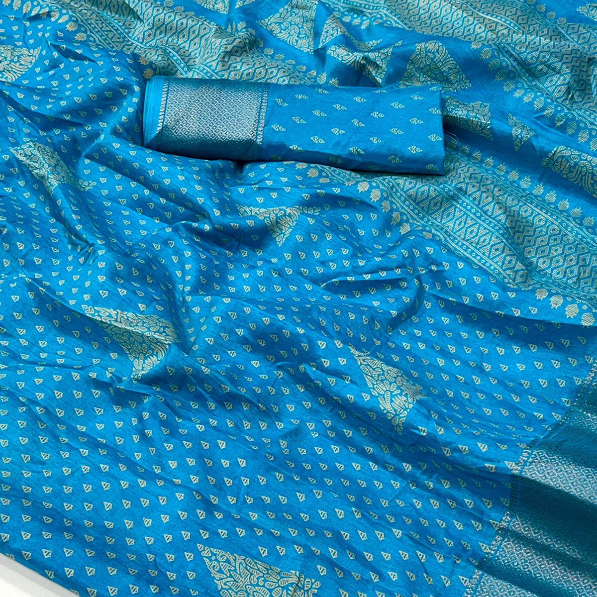 Blue Geometric Printed Dola Silk Saree With Zari Border