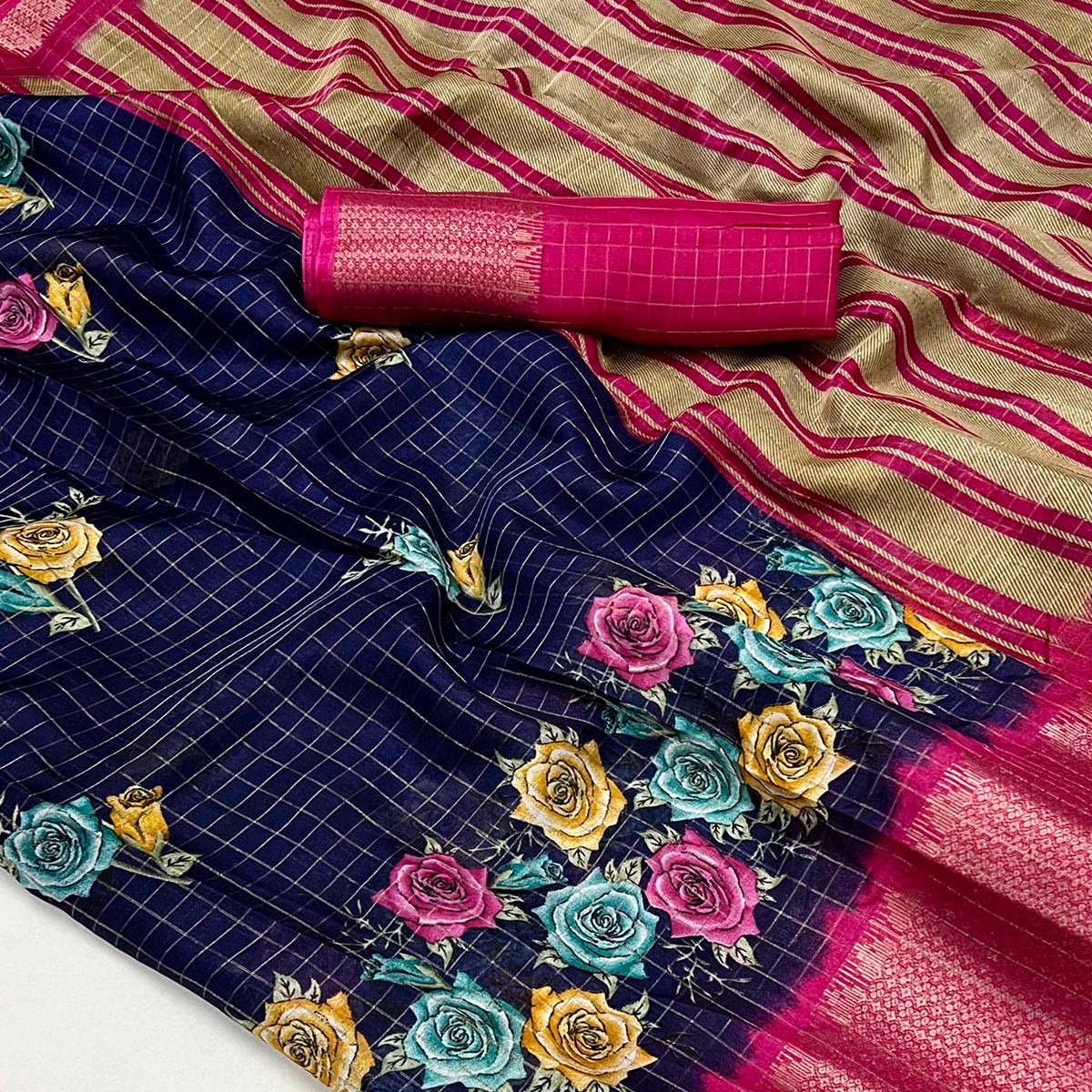 Blue Floral Zari Checks Woven Dola Silk Jacquard Saree