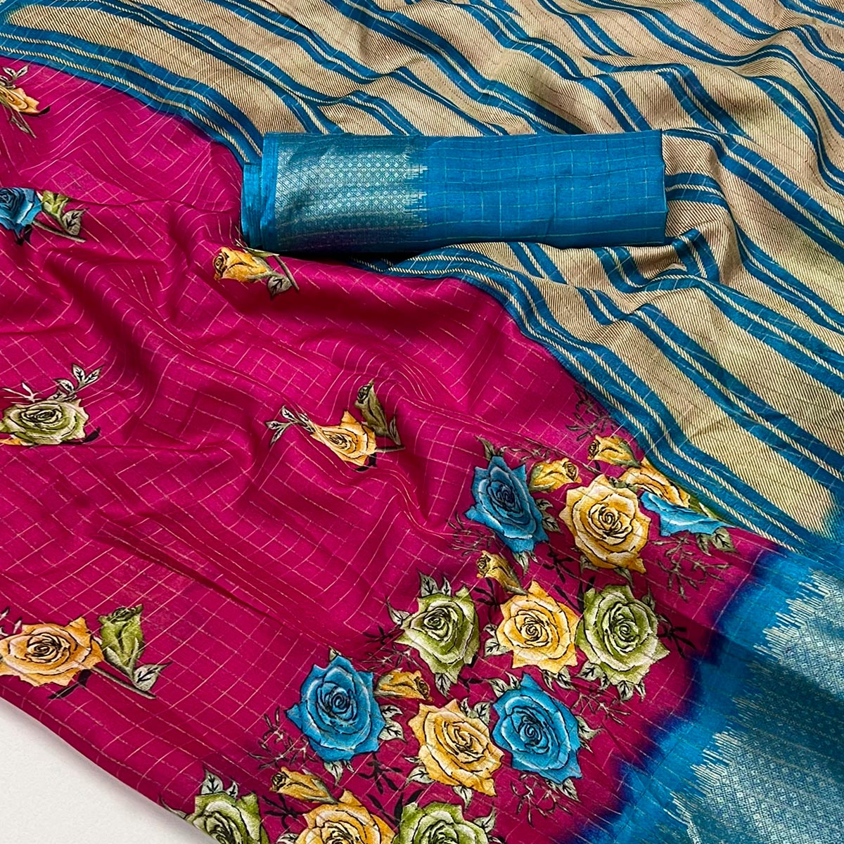 Pink Floral Zari Checks Woven Dola Silk Jacquard Saree