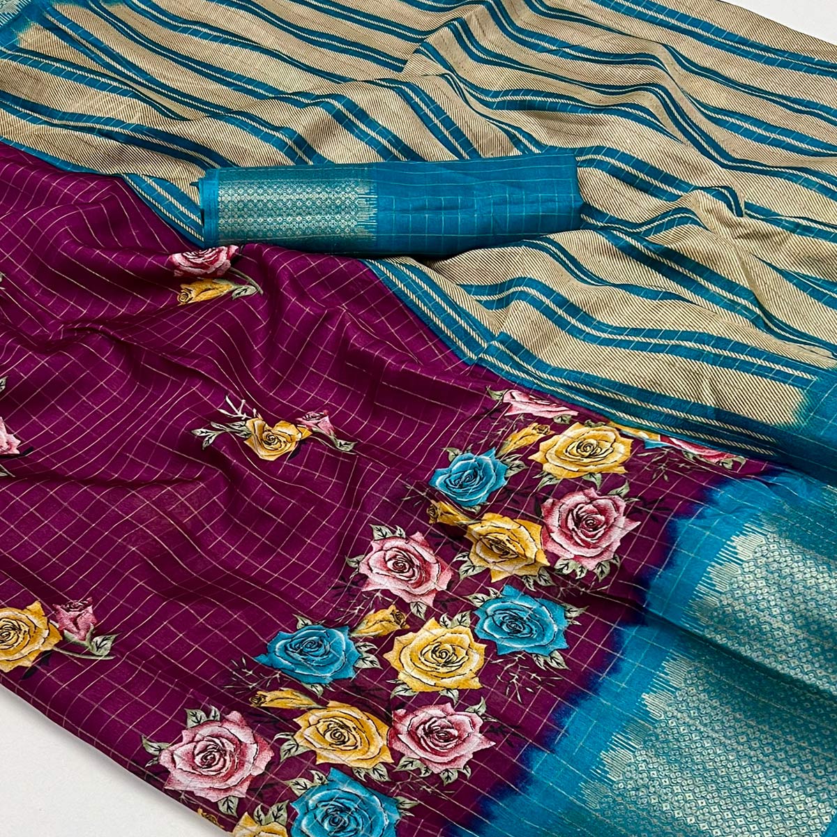 Wine Floral Zari Checks Woven Dola Silk Jacquard Saree