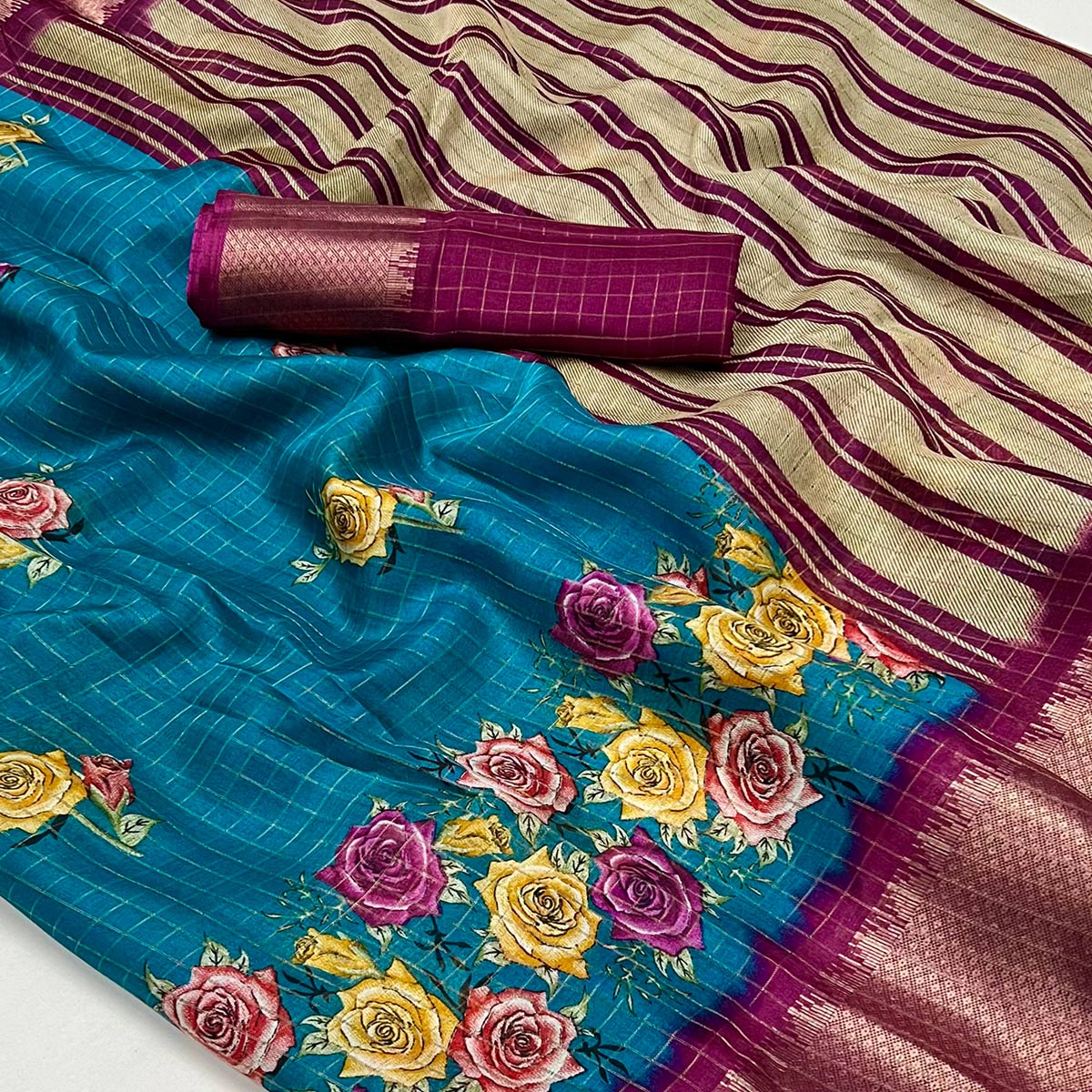 Rama Blue Floral Zari Checks Woven Dola Silk Jacquard Saree