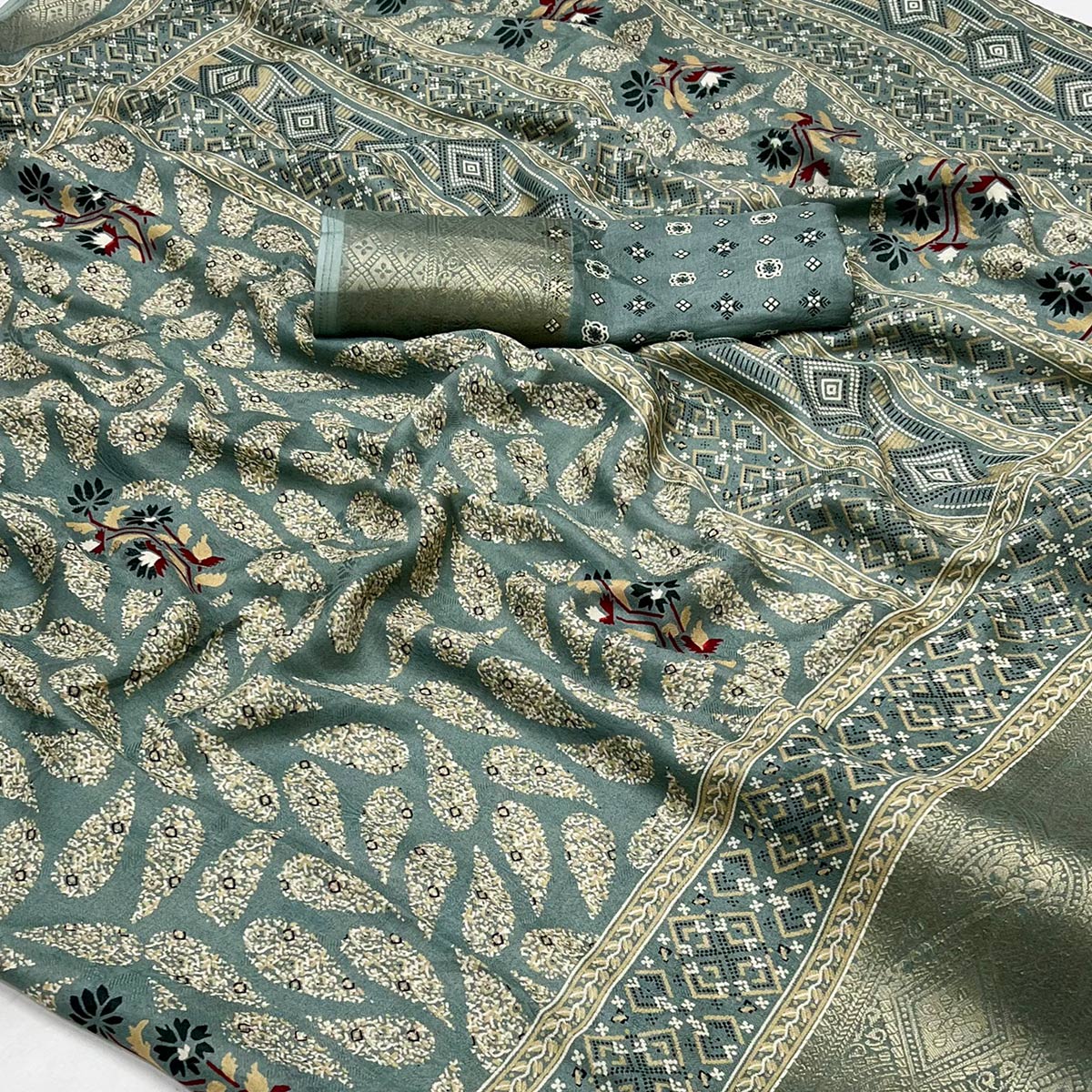 Green Printed Georgette Saree With Jacquard Border