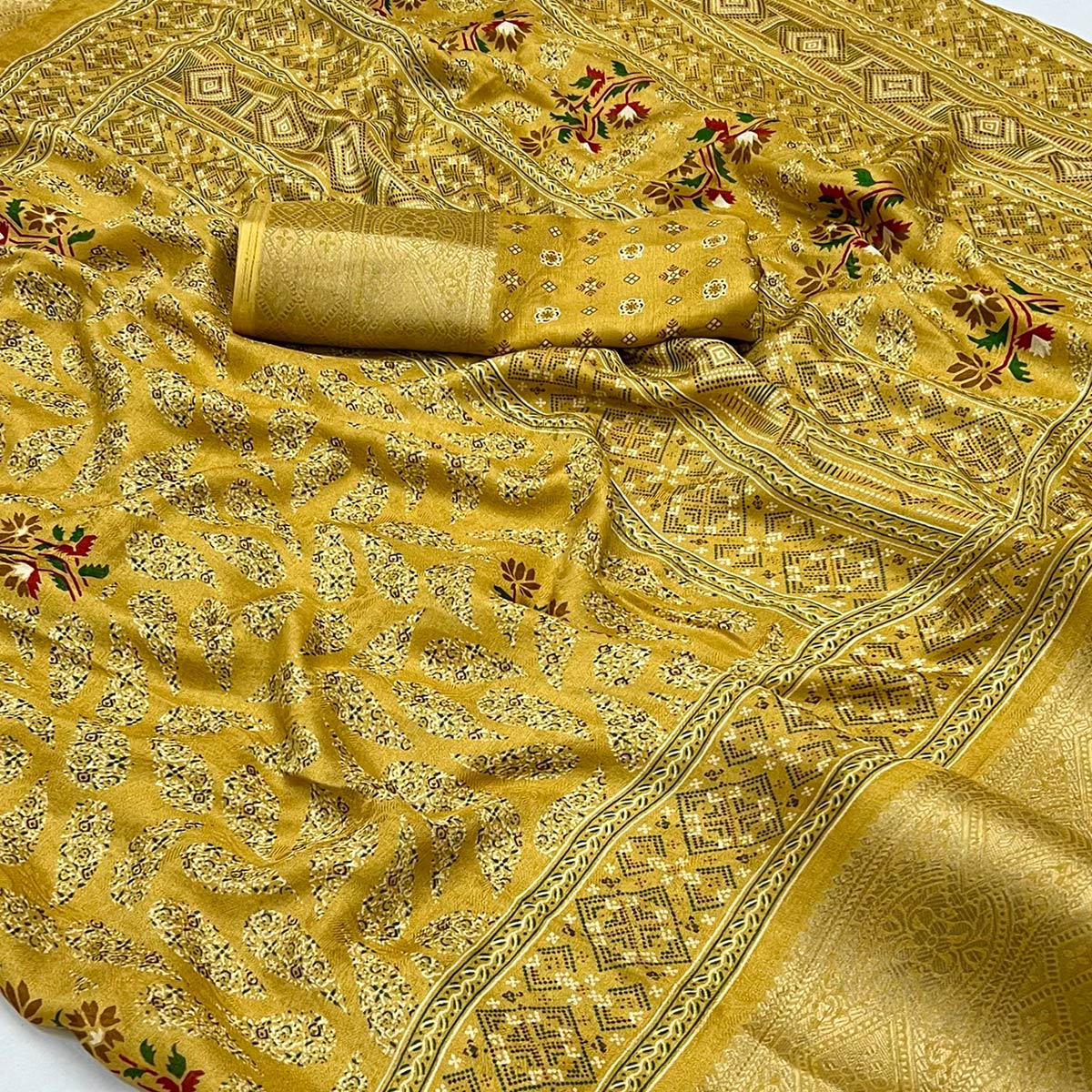 Mustard Printed Georgette Saree With Jacquard Border