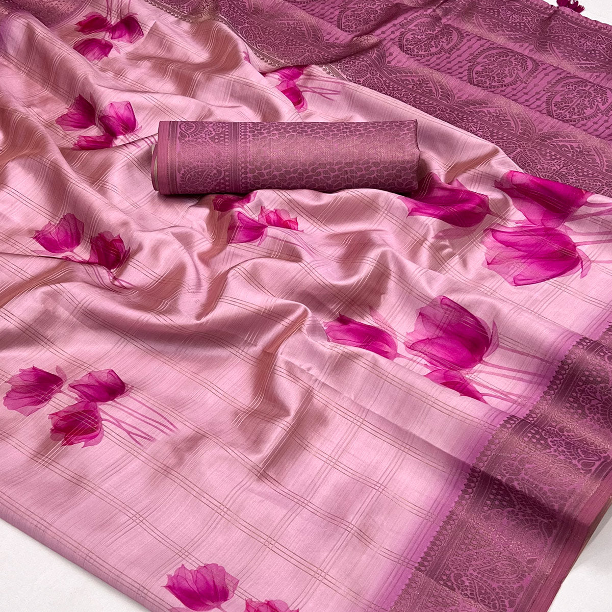 Pink Floral Woven With Digital Printed Art Silk Saree