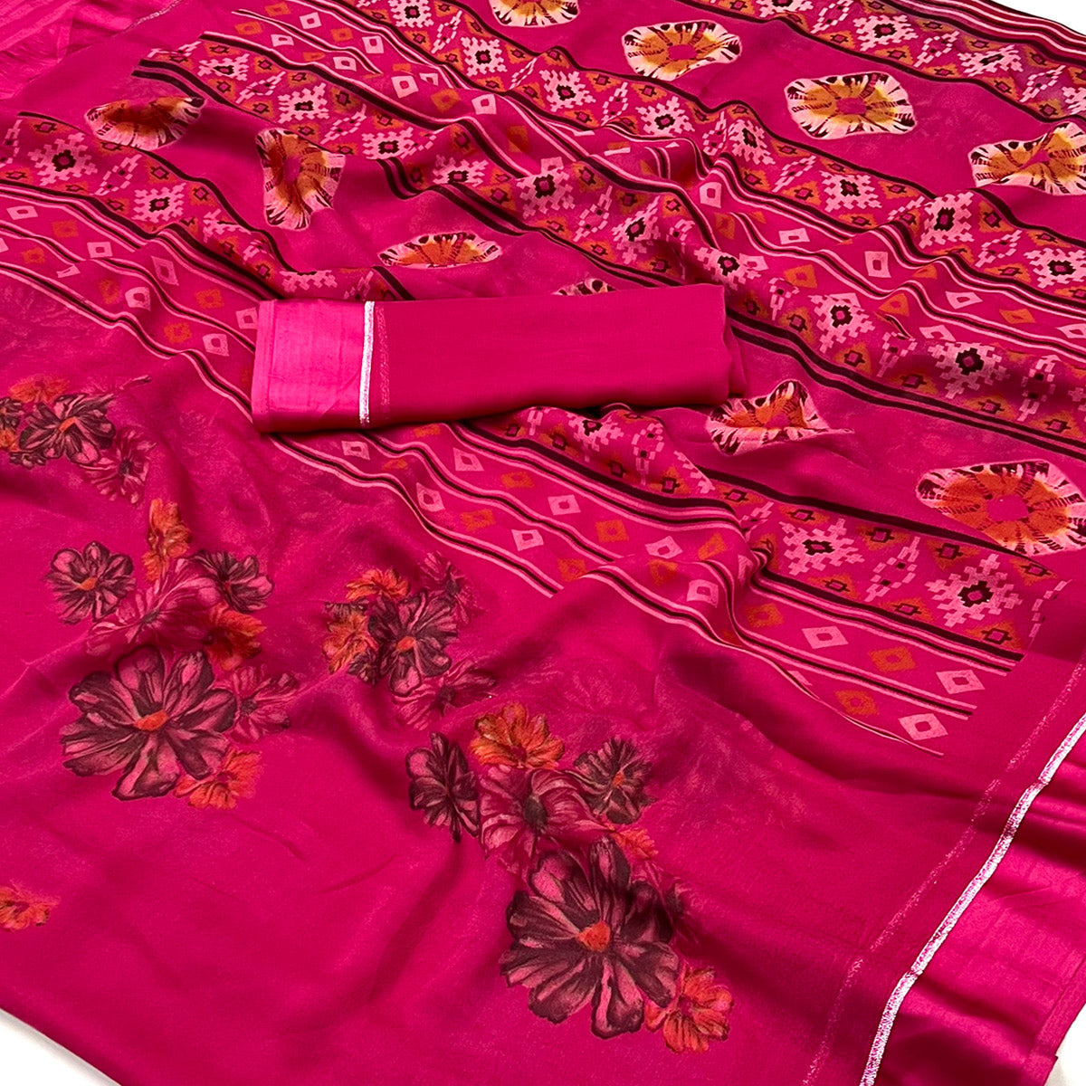 Rani Pink Floral Printed Georgette Saree With Fancy Zari Border