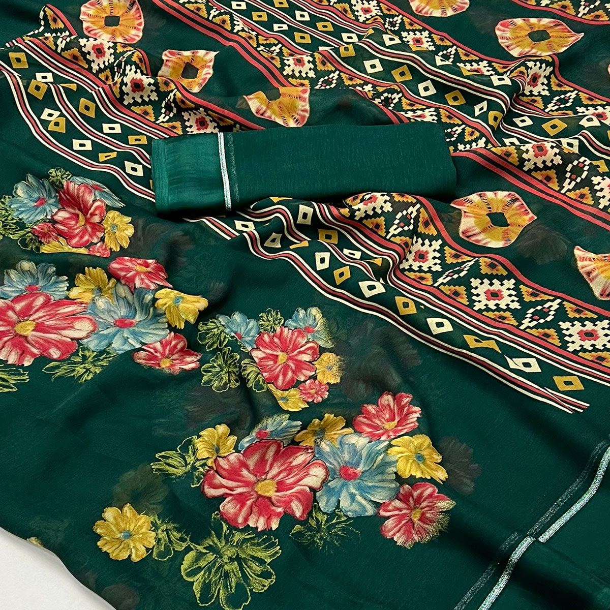 Green Floral Printed Georgette Saree With Fancy Zari Border