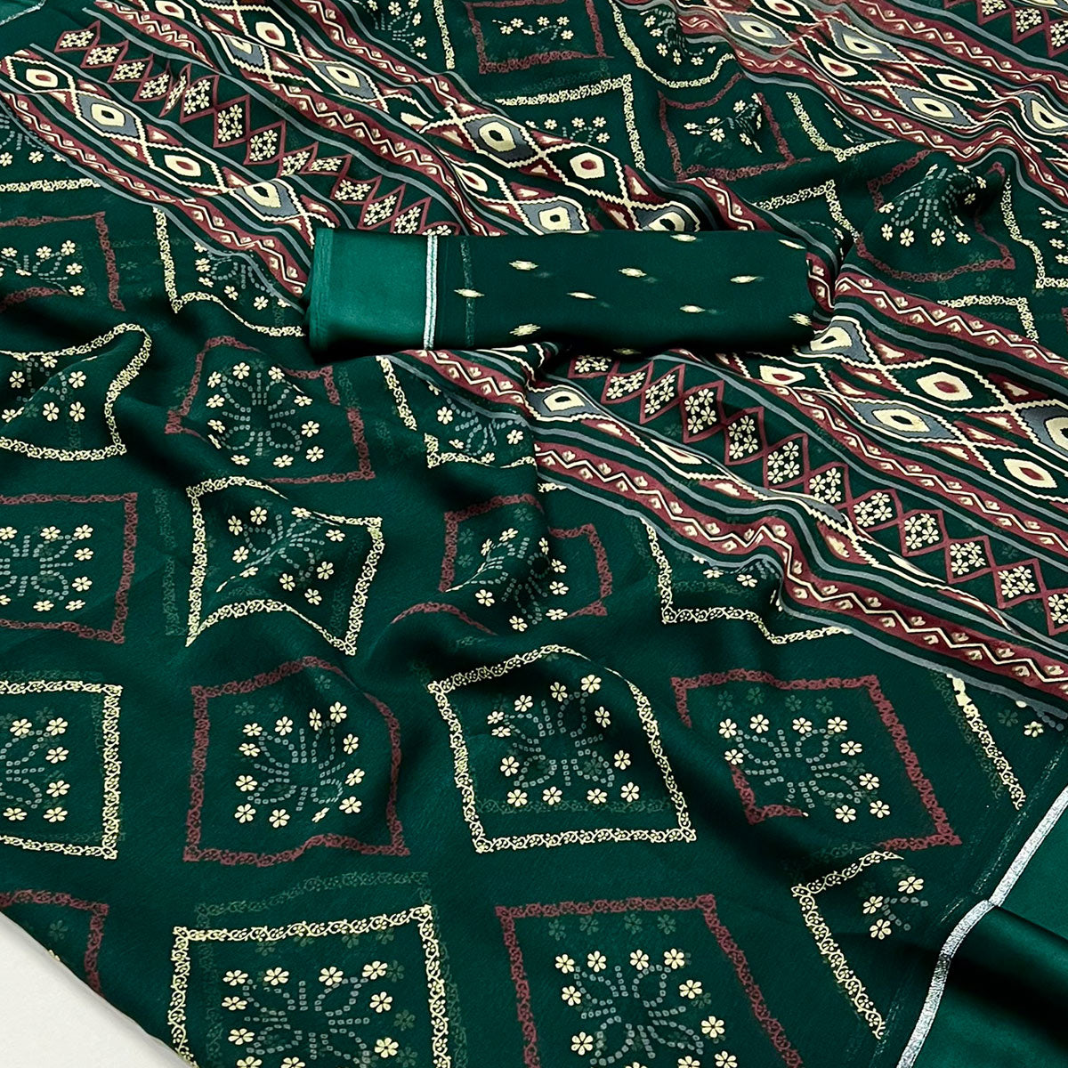 Green Floral Printed Georgette Saree With Fancy Zari Border