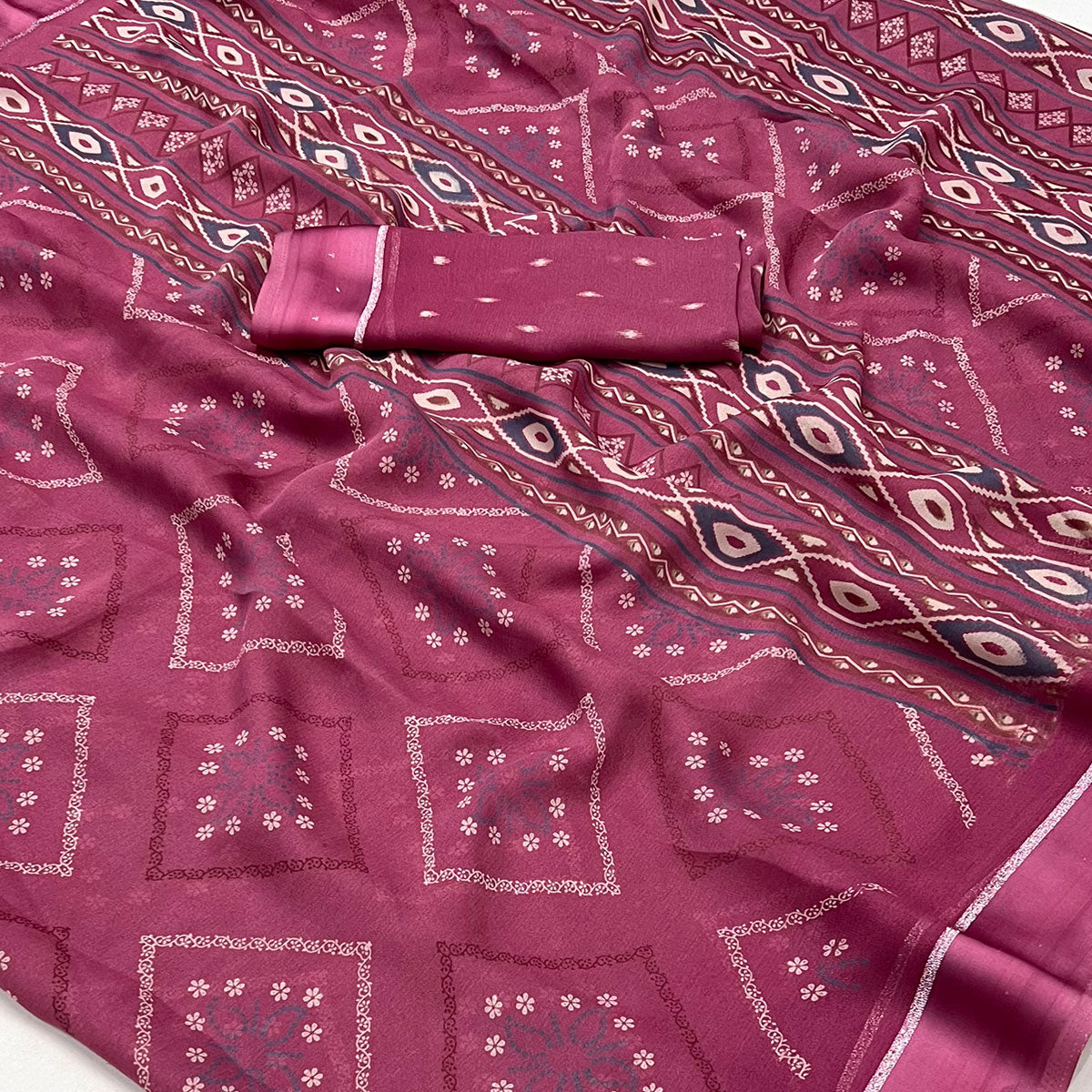 Pink Floral Printed Georgette Saree With Fancy Zari Border