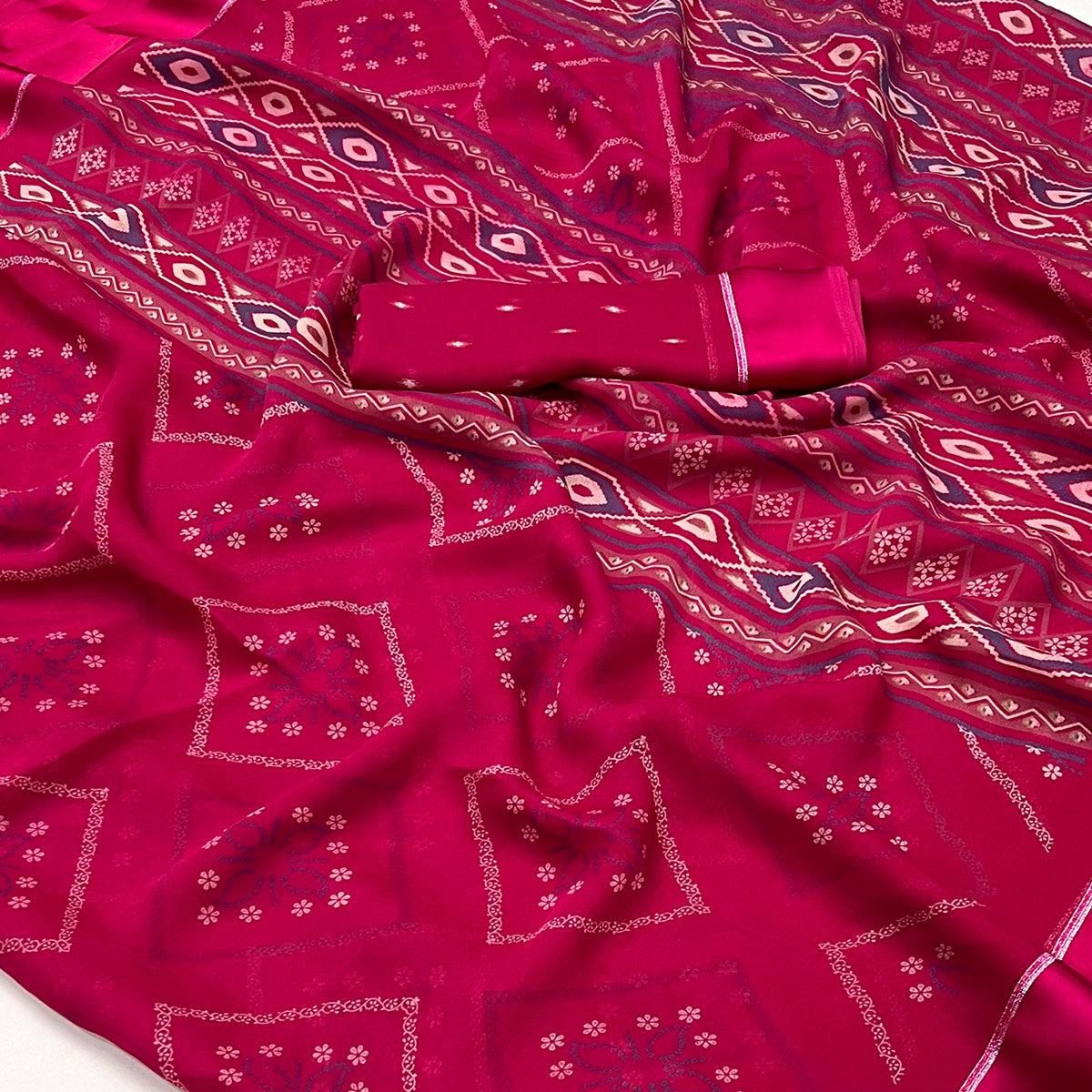 Rani Pink Floral Printed Georgette Saree With Fancy Zari Border