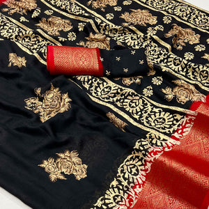 Black Floral Printed Georgette Saree With Fancy Jacquard Zari Border