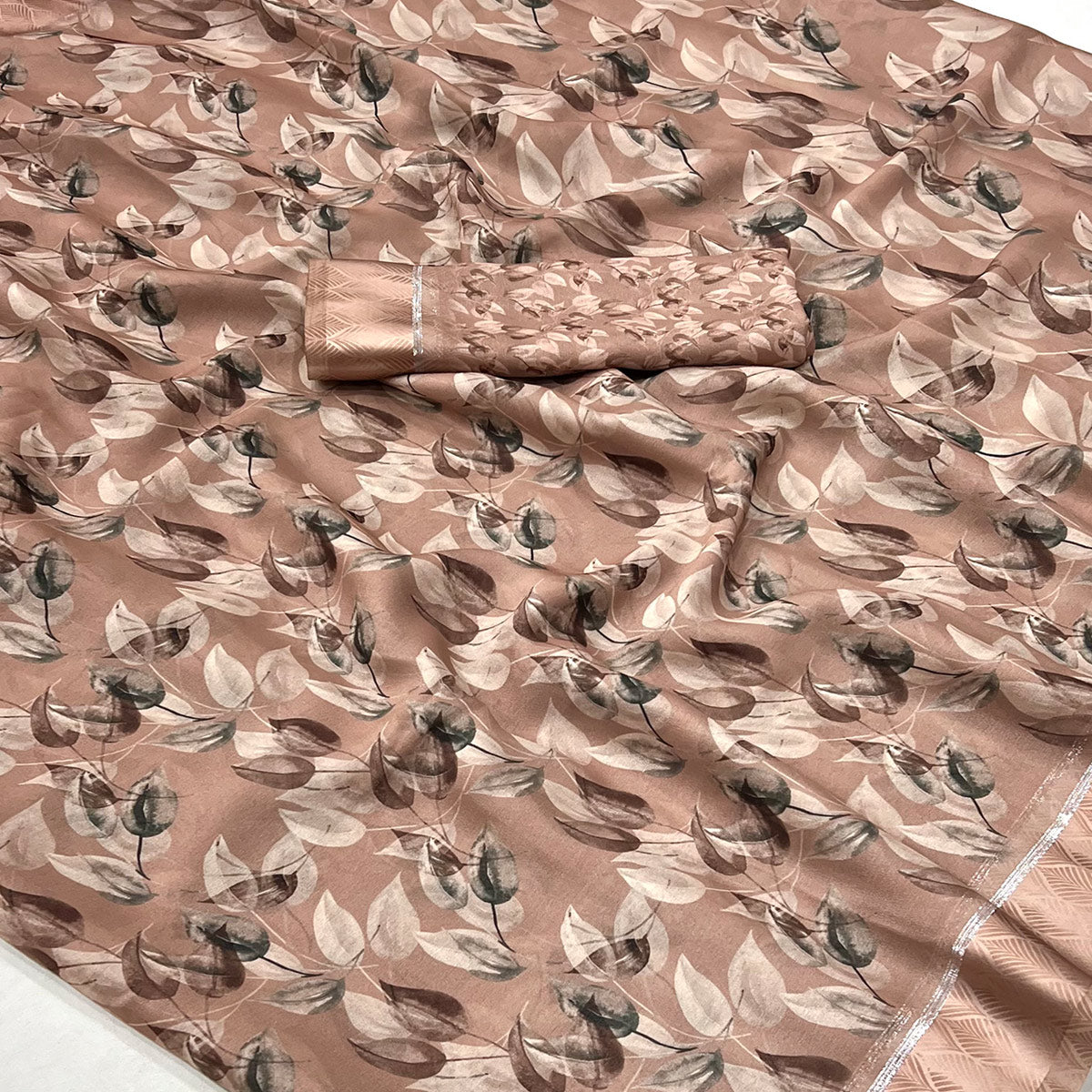 Brown Floral Digital Printed Georgette Saree With Fancy Zari Border