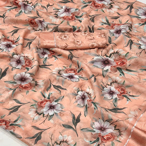 Peach Floral Digital Printed Georgette Saree With Fancy Zari Border