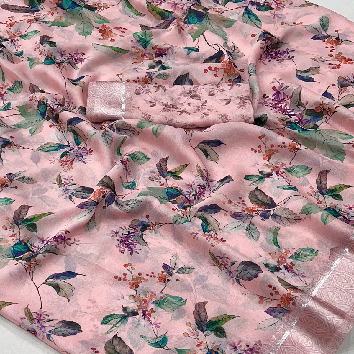 Pink Floral Digital Printed Georgette Saree With Fancy Zari Border