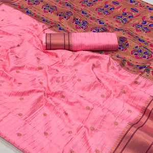 Pink Floral Woven Zari Checks Art Silk Saree