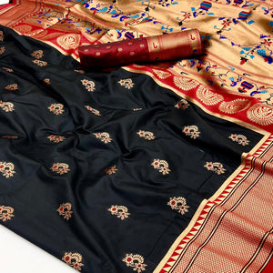 Black Floral Woven Pure Silk Saree