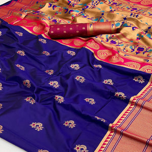 Navy Blue Floral Woven Pure Silk Saree