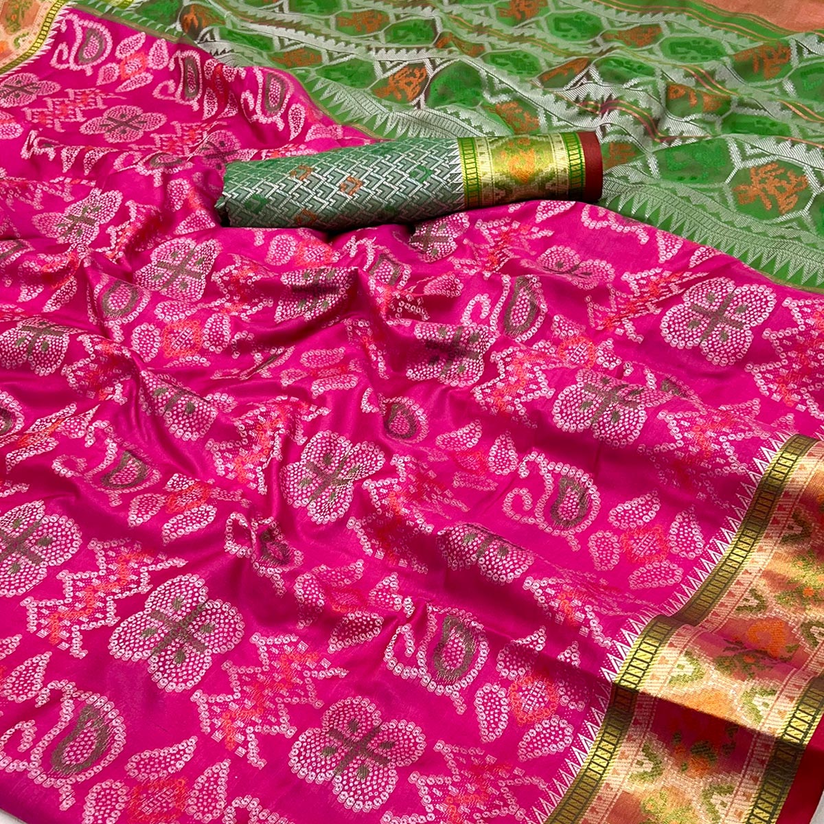 Rani Pink Woven Art Silk Patola Saree