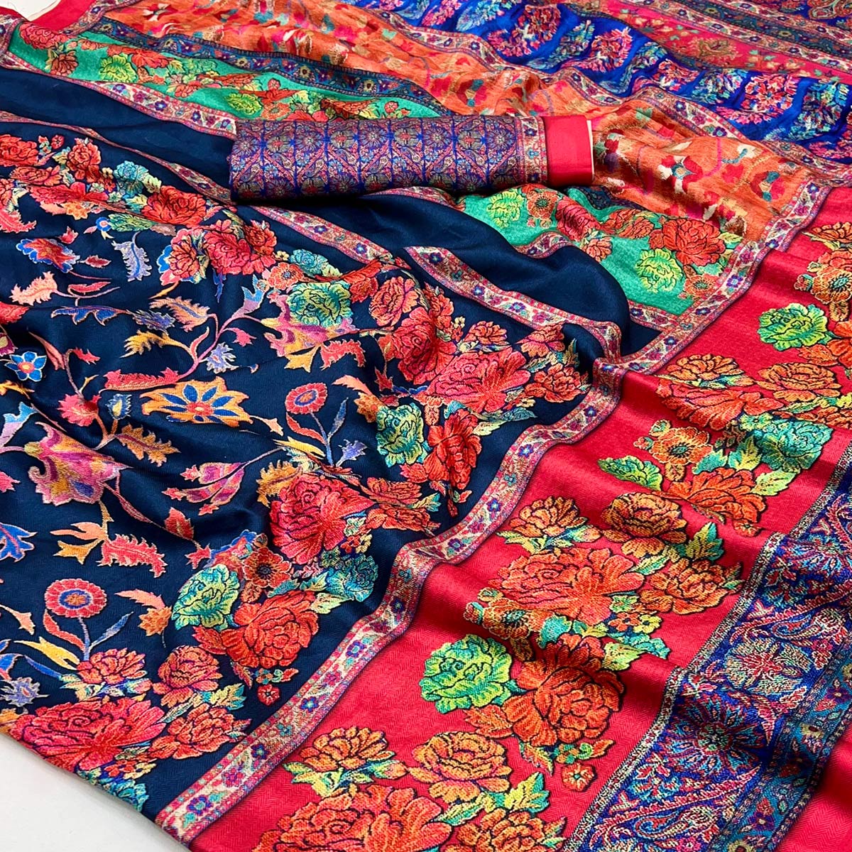 Navy Blue Floral Digital Printed Pashmina Saree