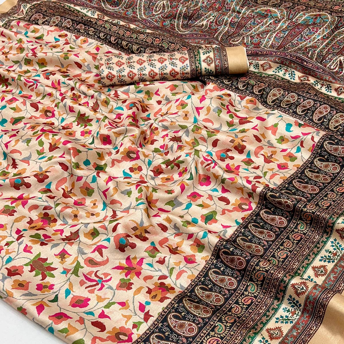 Cream Floral Digital Printed Pashmina Saree