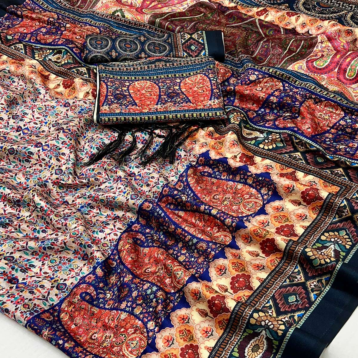 Multicolor Floral Digital Printed Pashmina Saree With Shawl