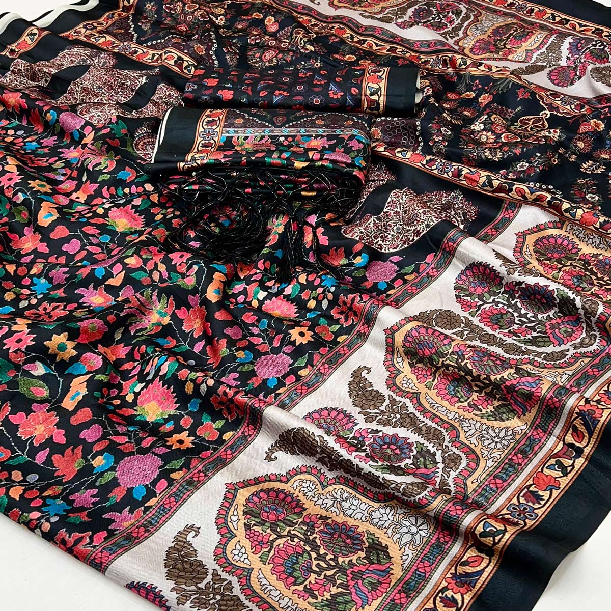 Black Floral Digital Printed Pashmina Saree With Shawl