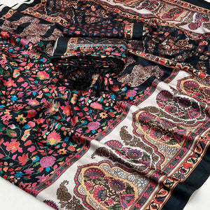 Black Floral Digital Printed Pashmina Saree With Shawl