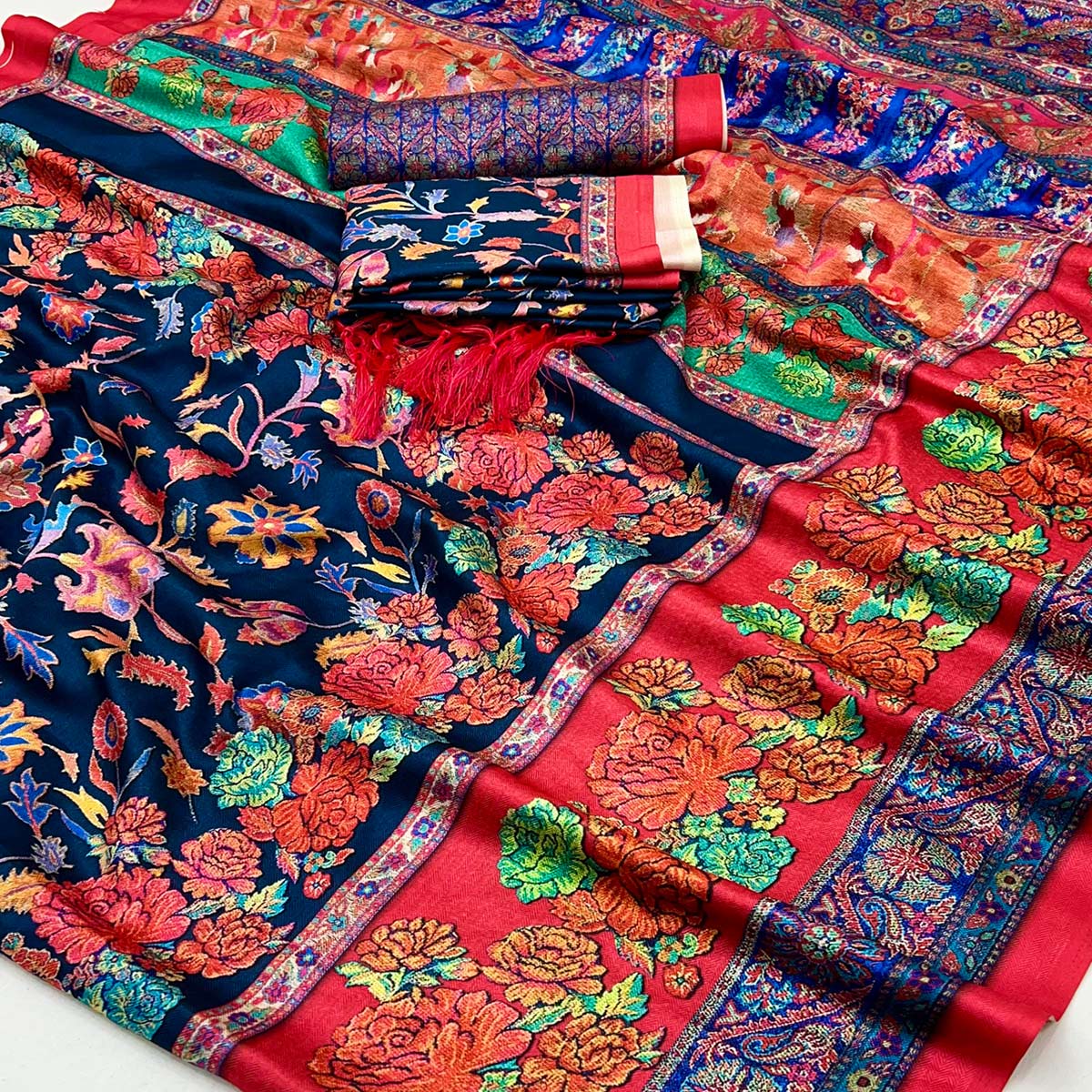 Navy Blue Floral Digital Printed Pashmina Saree With Shawl