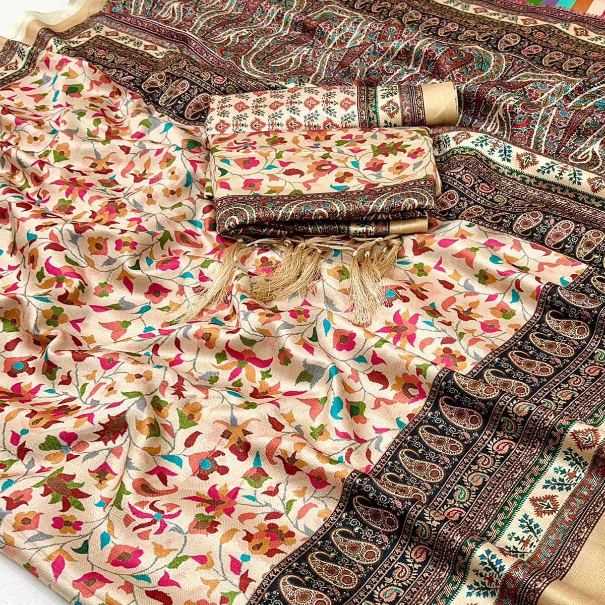 Cream Floral Digital Printed Pashmina Saree With Shawl